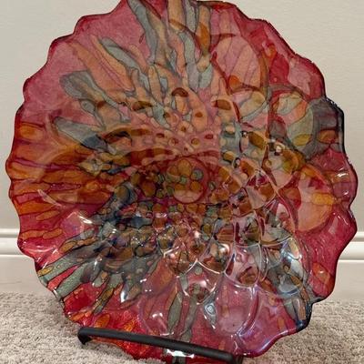 Large Red & Gold Art Glass Bowl, With Stand & Glitter Base