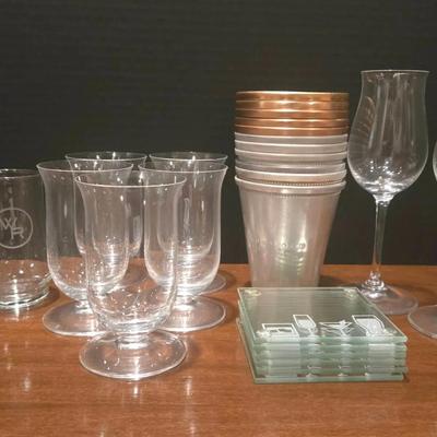 Bourbon, Whiskey, Cognac Taster Glasses With Woodford Reserve Derby Julep Cups And Glass Coasters