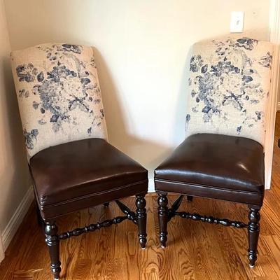 Design Masters Leather Seat Chairs (2) with Ralph Lauren Jardin Floral Linen Backs