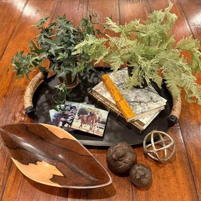 Table Decor (13 Pieces) With Metal Tray, Wooden Bowl, Books, Coasters