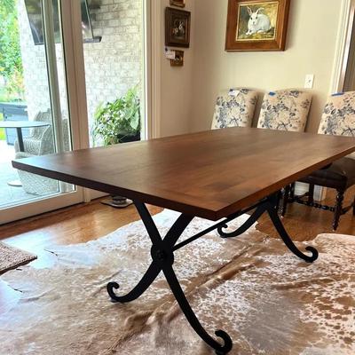 Custom Walnut Table with Fortin Ironworks Scrolled Base