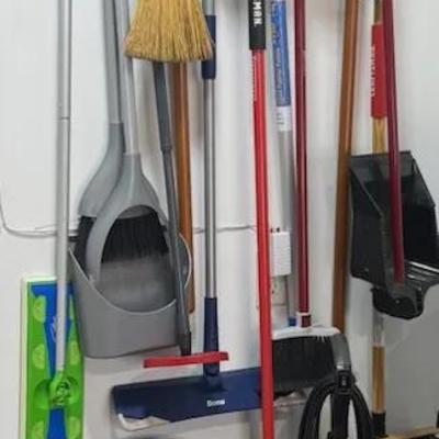 Household Cleaning & Supplies Lot With Brooms, Step Ladder, Oreck Vacuum ++