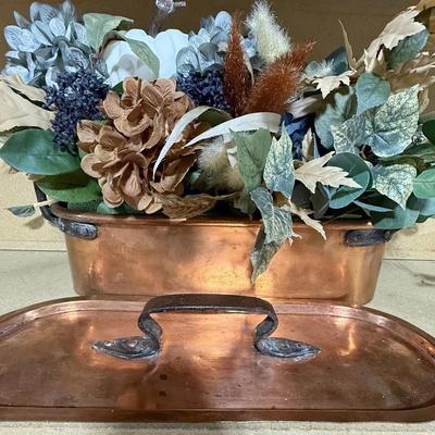 Antique/Vintage Copper Fish Poacher with Faux Floral Arrangement