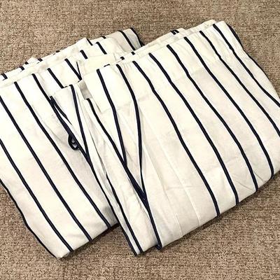 Crate & Barrel Kendal White Cotton Curtain Panels (2) with Navy Embroidered Stripes