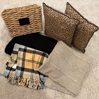 Throw Blankets In Black/Tan Color Scheme, Plus Pillows & Storage Basket