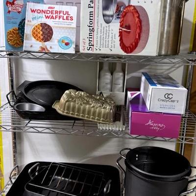 Kitchen Supplies Cleanout With Roasting Pans, Stock Pots, Waffle Maker & Other Boxed Goods