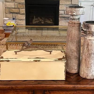 Palecek Wood Box with Bird and Two Wood Candle Holders
