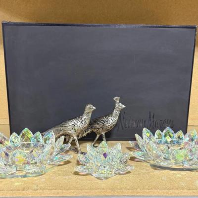 Neiman Marcus Bird figurines & Crysyal lotus-shaped Candle holders Set