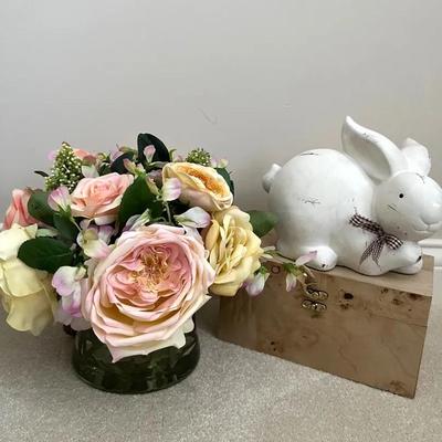 Decor Group with Ceramic Bunny, Burl Box and NDI Rose Arrangement