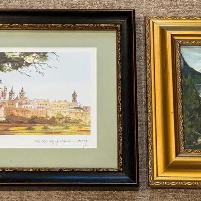 Pair (2) Smaller Framed Art Pieces w/ Malta Print & Painting By Angela Gage (Ohio Artist)