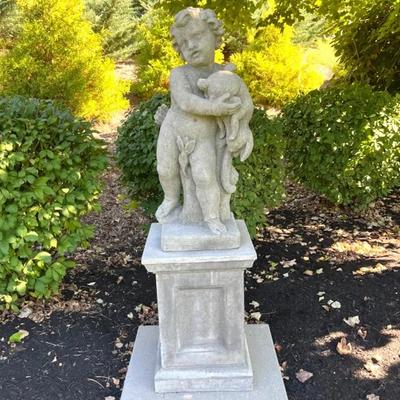 Concrete Putti Garden Statuary On Half Column Pedestal Base