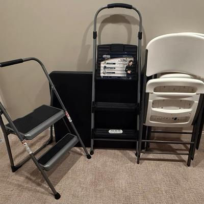 Home Essentials W/ Lifetime Folding Chairs (2), Table & Step Ladders (2)