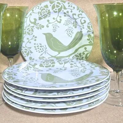 Pier 1 Imports Stoneware Embossed  Bird Floral Salad /Dessert Plates, Green And Clear Water Goblets