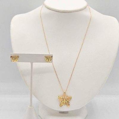 710 • 14k gold butterfly necklace & earrings, 3.7g