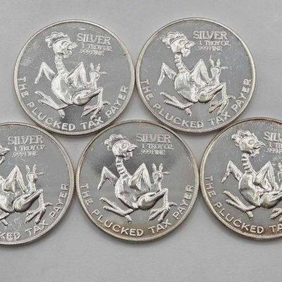 1258 • (5) .999 fine silver "the plucked tax payer" rounds
