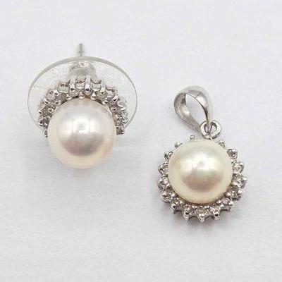 728 • 14k white gold diamond & pearl earring and pendant, 2.2g