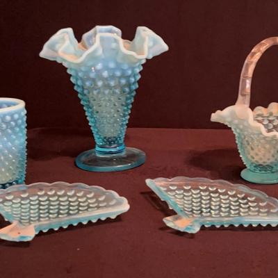 Vintage Possibly Fenton Blue Opalescent Hobnail Ruffled Vases & More