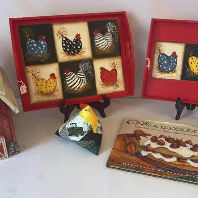 Farm Decor Including Handpainted & Signed Trays, Birdhouse, Book And Stuffed Chicken