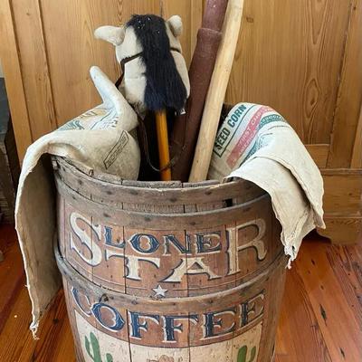 Vintage Barrel With Contents: Corn Seed Bags, Walking Stick, Toy Stick Pony, & Yoke