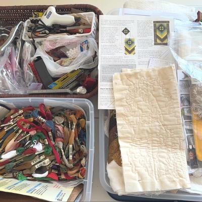 Lot of cross-stitch yarn, craft supplies and fabric