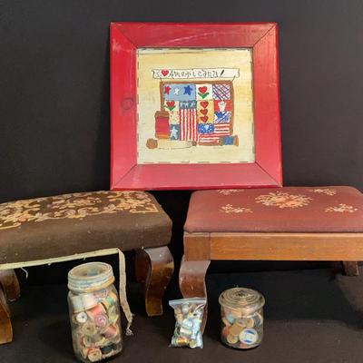 Two Vintage Embroidered Footstools, 2 Jars Of Vintage  Thread/Spools, Thimbles & Painting On Wood