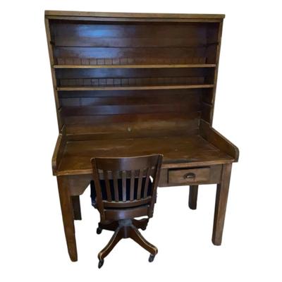 Vintage Solid Wood Desk And Hutch With Wood Chair On Wheels