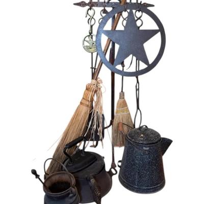 Wrought iron fire place tools, cast iron & skillet and decor