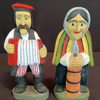 Pair Of Painted Wooden Sculptures: Man With Accordion “And Baba” With Butter Churn