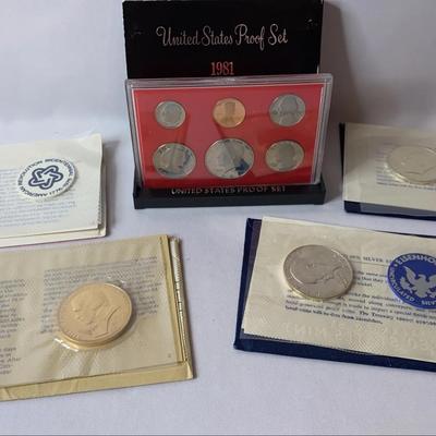 US 1981 Proof Set, Two 40% Silver Eisenhower Dollar Coins, ‘75 & ‘73 Bicent First Day Cover Medals