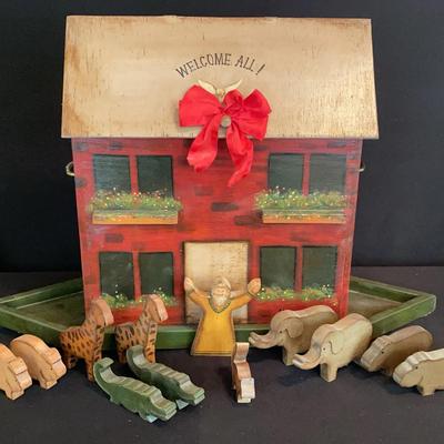 Wooden Noah’s “Ark”: Cottage House Ark, And Wooden Noah & Animals, Signed By Marian Smith