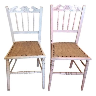 2 Vintage (possibly antique) wooden chairs - white & pink
