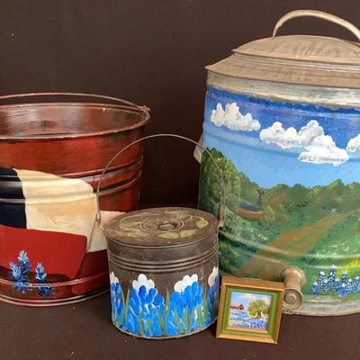 Bluebonnet And Texas Themed Decor: Painted Metal Pails And Small Painting