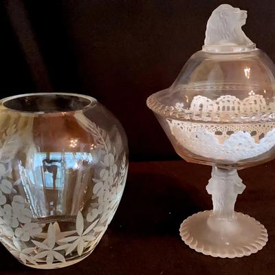 Gillander And Sons Frosted Glass Lions Head Lidded Compote And Etched Glass Vase With Bluebonnets
