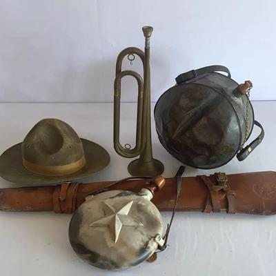 Vintage (Some Items Possibly Antique) Leather Rifle Case, Bugle, Hat And Two Metal Canteens