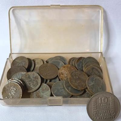 Steel 1943 Wheat Pennies (45 Total), And One 10 Franc Coin 1948
