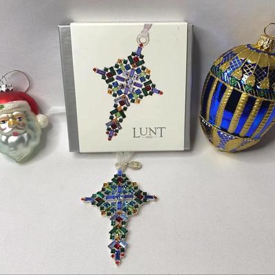 Christmas Ornaments: Lunt 1st Edition Jeweled Cross With Swarovski Elements, Two Glass Ornaments