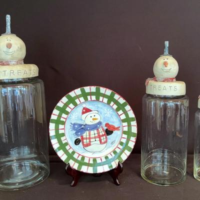 Large Glass Snowman Treat Jars & Platter