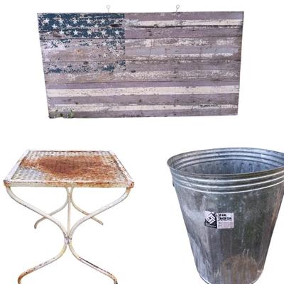 Americana Farm finds - Wooden American flag hanging sign, galvanized can & table