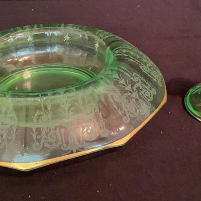Uranium Glass: Etched Bowl And Candlestick