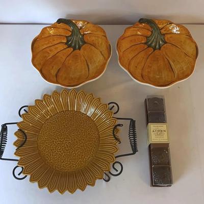 Pier 1 Sunflower Pie Server And Williams-Sonoma Pumpkin Serving Bowls & Set Of 4 Acorn Taper Holders
