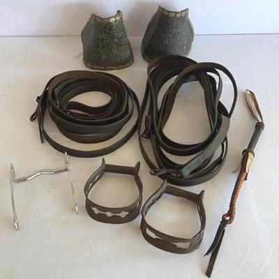 Vintage Stirrups, Reins, Bit, And A Quirt