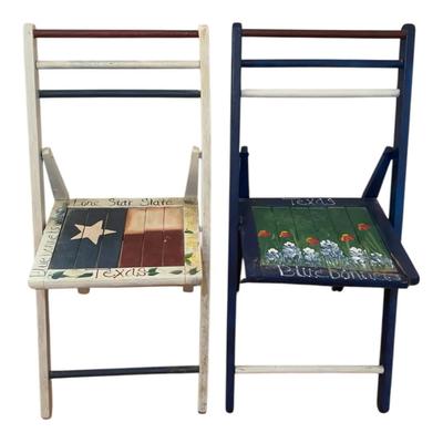 Two Vintage Folding Wood Chairs Painted With Texas And Bluebonnet Theme