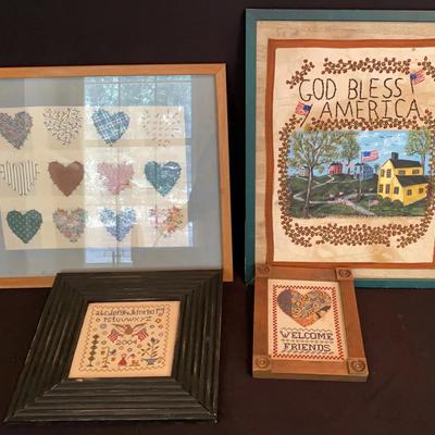 4 Framed Handmade Artwork: Quilted, Cross Stitch And Other Needlepoint