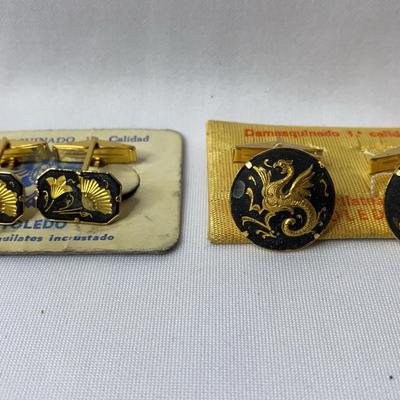 Two Pair Of Vintage 24K Gold Encrusted Toledo Cuff Links