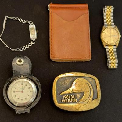 A collection of unique finds! DU belt buckle, watches & leather wallet