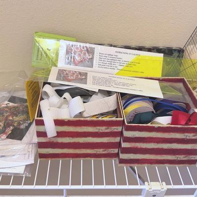 Ribbon, thread, cross stitch kits & misc sewing tools