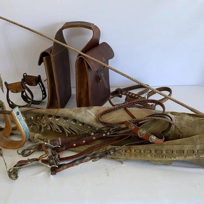Horse Riding Paraphernalia: Saddlebags, Chaps, Stirrups, Bridle/Reins, Halter, Riding Whip And A Bit