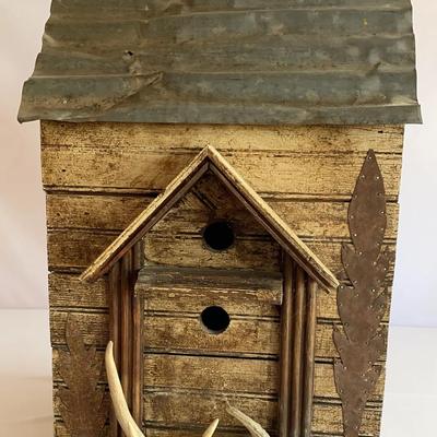 Large Decorative Wood Birdhouse With Corrugated Metal Roof And Antler Perch
