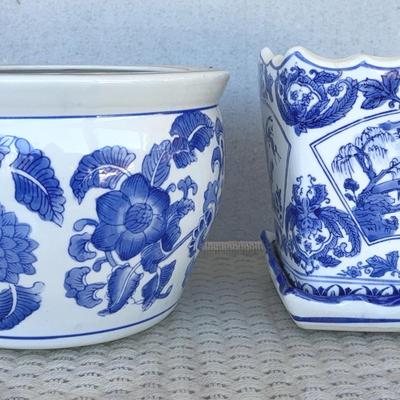 Blue and white ceramic pots