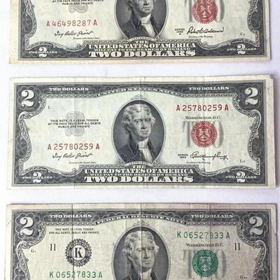 Three 2 Dollar Bills, Two With Red Ink